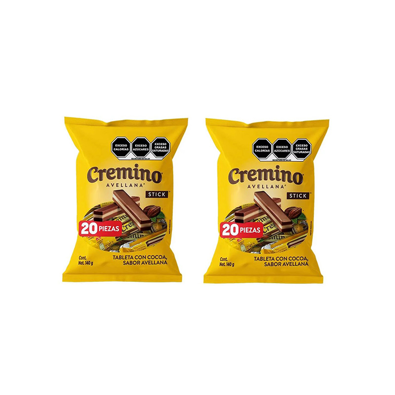 Chocolates Cremino Avellana Stick, 2 Bolsas de 20 piezas de 7g c/u