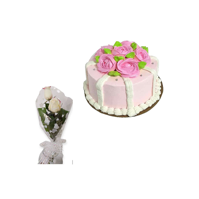 Cake Rosas Rosadas  con Ramo de 2 Rosas Blancas