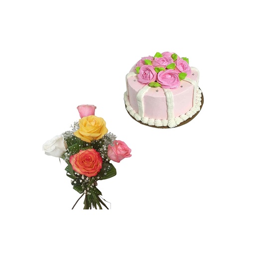 Cake Rosas Rosadas  con Ramo de 5 Rosas Variadas Decoradas 