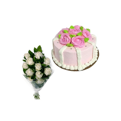 Cake Rosas Rosadas  con Ramo de 12 Rosas Blancas