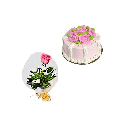 Cake Rosas Rosadas  con Ramo de 1 Rosa Rosada Decorada