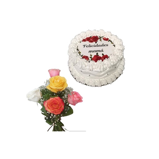 Cake Rosas Rojas Felicidades Mamá con Ramo de 5 Rosas Variadas Decoradas 